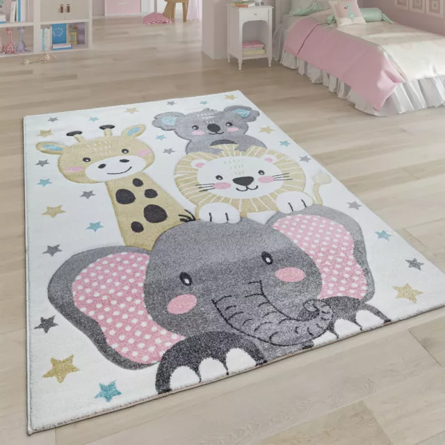 Kinderteppich Teppich Kinderzimmer Kurzflor Mädchen Jungs Sterne Tier Creme Grau