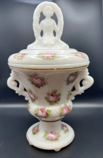 L E Smith Milk Glass Spring Nymph Charleton Rose Lidded Urn Jar