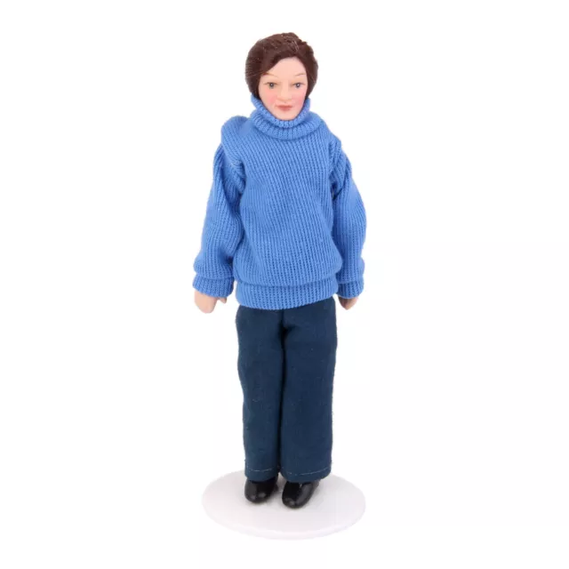 1/12 Puppenhaus Porzellanpuppe junger moderner Mann in blauen Pullover und