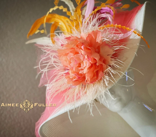 Kentucky Derby Hat White Melon Coral Hot Pink Orange High Tea Royal Ascot Hat