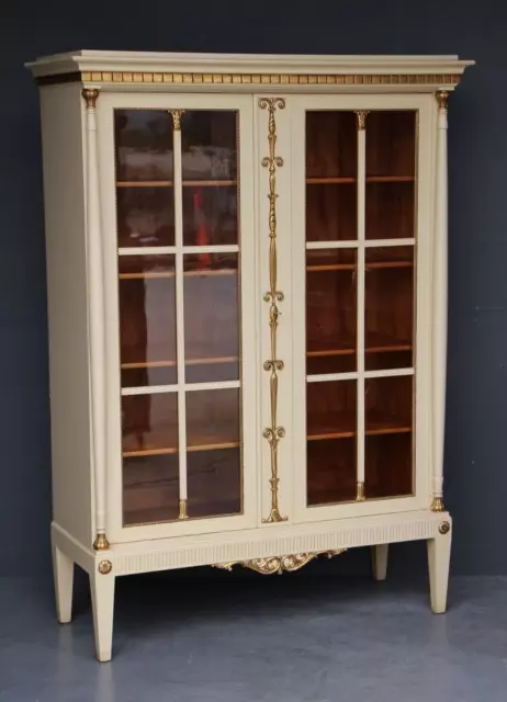 Antique Empire glazed bookcase 2 glass doors 4 shelves gilt carved hand painted