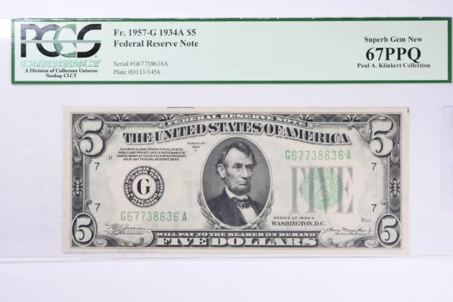 1934 A $5 Federal Reserve Note FR1957-G Superb Gem New 67 PPQ PCGS