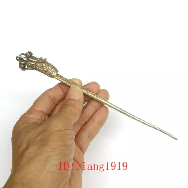 L 8 inch Collection Old Chinese Tibet Silver Hand-made Dragon Hairpin Hair Gift