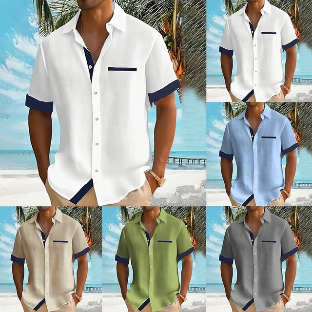 Shownicer Lino Camicia Uomo Manica Lunga Tinta Unita in Cotone Slim Fit Hawaiian Top da Spiaggia con Bottoni