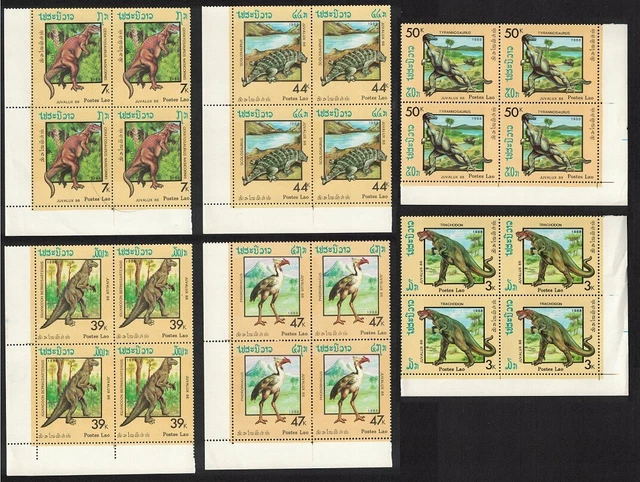LAOS DINOSAURS PREHISTORIC Animals 6v Corner Blocks of 4 1988 MNH $15. ...