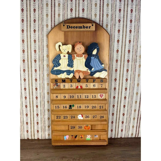 WOODEN PERPETUAL CALENDAR Amish Girl Doll and Bunny Wood Folk Art Wall