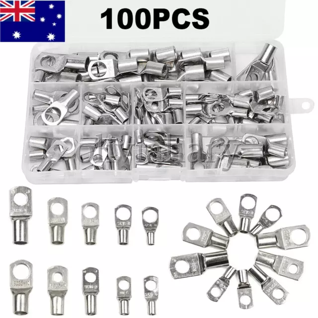 100Pcs Electrical Wire Connectors Crimp Ring Terminals Battery Copper Cable Lugs