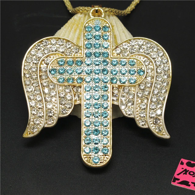 New  Betsey Johnson Blue Bling Angel Wings Cross Crystal Pendant China Necklace