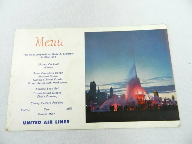 Vtg United Air Lines Menu Postcard Buckingham Fountain Chicago and the Midwest