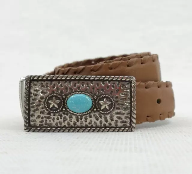 Montana Silversmiths Leather Belt Womens Medium Brown Turquoise Cabochon Buckle