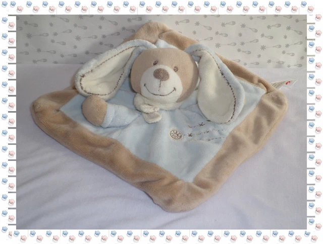 D - Doudou Plat Lapin Chien Bleu Beige Marron Broderies Croix  Nicotoy