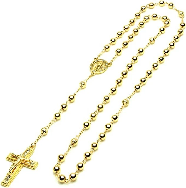 Collar de Cuentas Oro 14k chapado para Hombre Rosario Guadalupe Jesús cadena 28" Collar de Cuentas Oro 14k chapado para Hombre Rosario Guadalupe Jesús cadena 28"