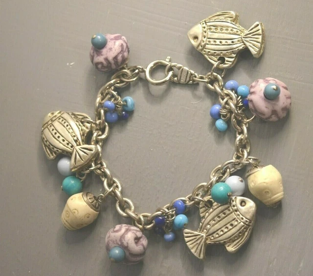 Bracelet Vintage à Breloques JACKY DE G PARIS - Perles Acrylique - Doré - Bon État