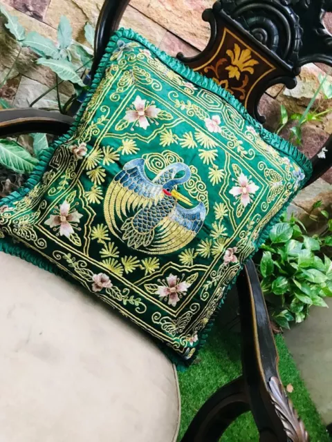 Antique chinese silk hand embroidered 20th Century  brocade birds cushion cover