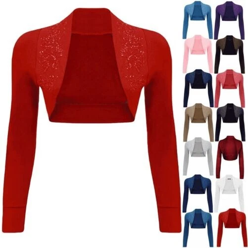 Donna Perline Manica Lunga Colletto Corto Bolero Corto Coprispalle Cardigan