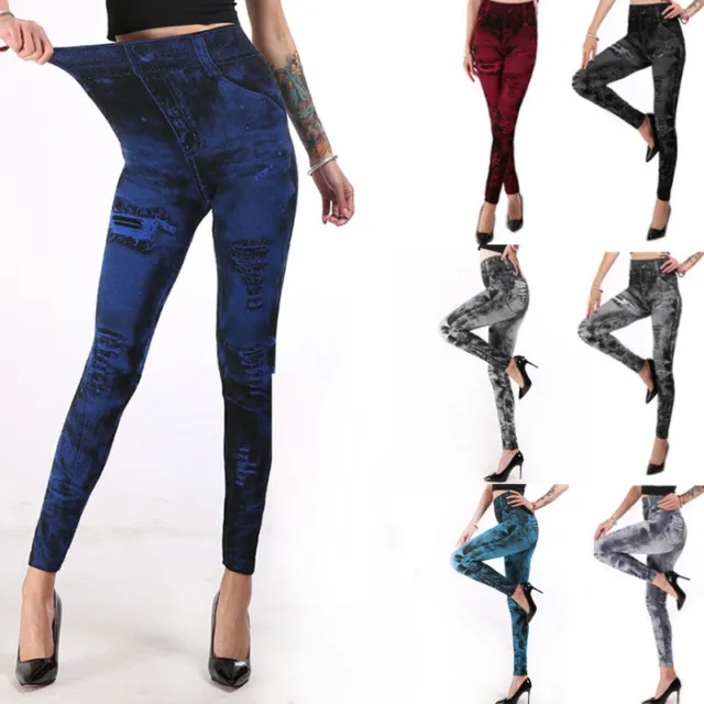 Women Leggings Faux Denim Jeans Leggings Sexy Print Casual Pencil Pants 154AU