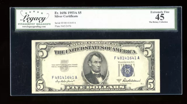 DBR 1953-A $5 Silver Fr. 1656 FA Block Legacy 45 Serial F48141641A