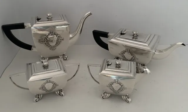 Indian Art Deco Gorgeous Sterling Silver Hand Chased Coffee Tea Set Bombay India