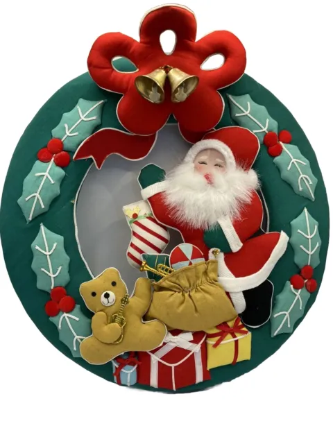 Vtg 13” Christmas Wreath Santa Fabric Plush Hanging Holiday Decoration Bow Bells