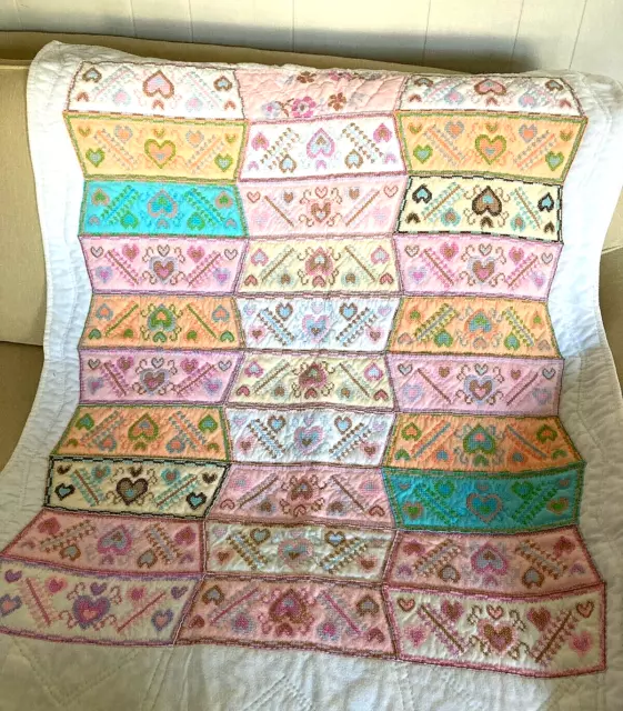 Hand Embroidered Baby Lap Quilt Cross Stitch Hearts Pastels 40.5 x 34 in