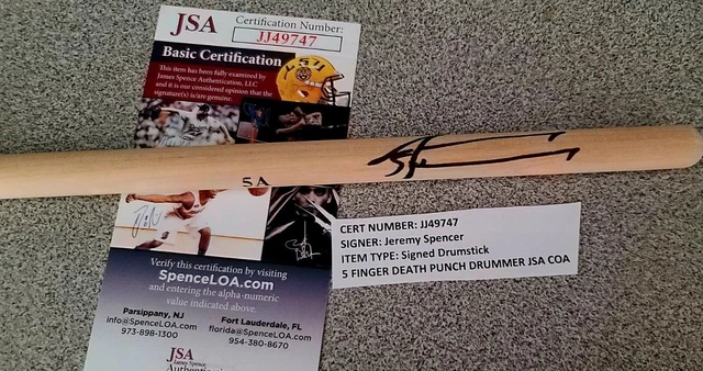 JEREMY SPENCER Signed Autograph DRUMSTICK 5 FINGER DEATH PUNCH JSA CERTIFIED JEREMY SPENCER Signed Autograph DRUMSTICK 5 FINGER DEATH PUNCH JSA CERTIFIED