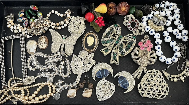Antique Deco Victorian Vtg CRAFT REPAIR Jewelry Lot Rhinestones Cameos Art Glass