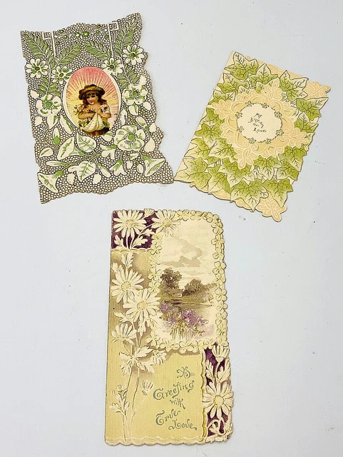 3 Antique Victorian Valentine Greeting Cards Lot Embossed Die Cut Paper c1900