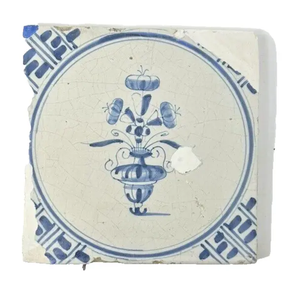 Rare Late 18th. c. Hand-Painted Delft Blue Faience Tile w/Vase of Flowers L1