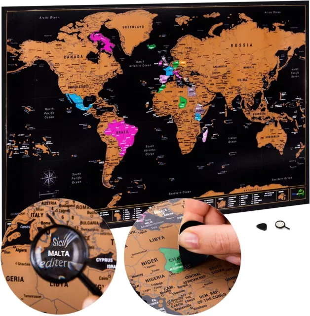 Scratch Off World Map Large 70x42cm | Ultra Detailed World Map Poster - All US