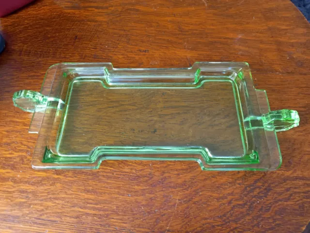 Art Deco Uranium Glass Twin Handled Tray. VGC. 12 Inch Length