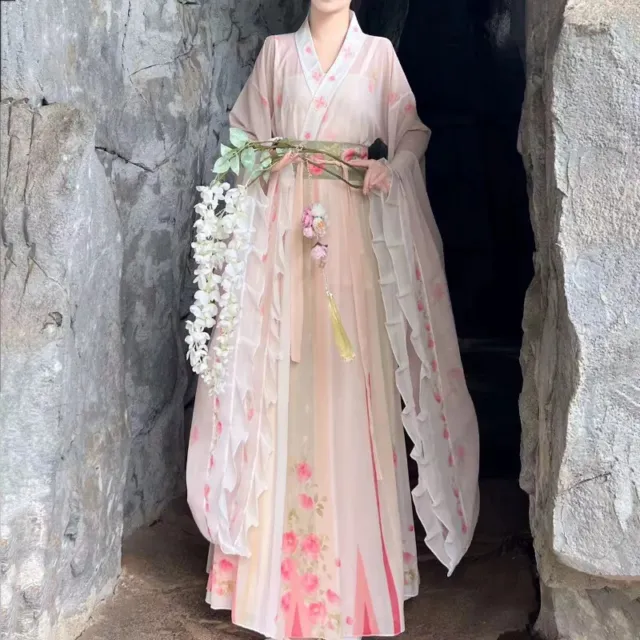 Chinese Hanfu Dress Set Women Traditional Elegnat Print  Long Robe Cosplay Suit