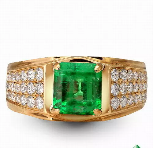 Genuine 2,43CT Natural Colombia Emerald Solid 18k Yellow Gold Diamond Ring