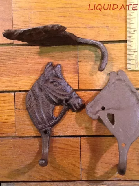 set of 3 Horse Hooks Coat Hat Wall Western Barn Tack Leash Rustic cast iron 2