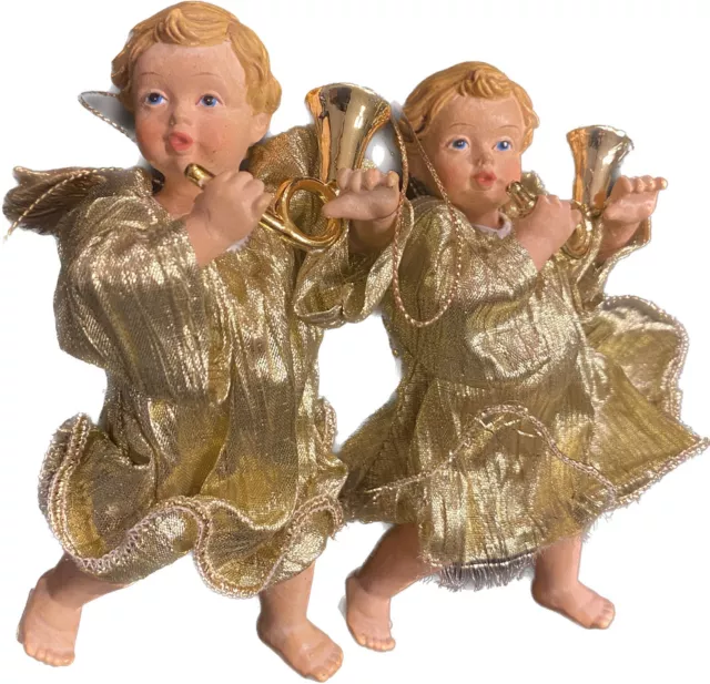 Vtg  Dept 56 Pair Gold Cherub Angels Playing Horns Christmas Hanging Ornaments