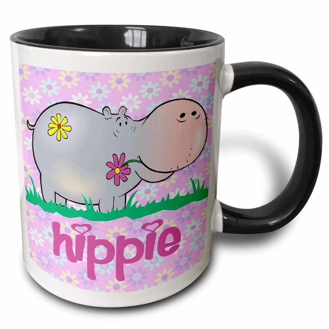 3dRose Cute Hippo Hippopotamus With Hippie Flowers Background Cartoon Animal ...