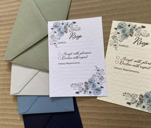 10 Luxury RSVP cards dusty blue white flowers Eucalyptus WEDDING invites