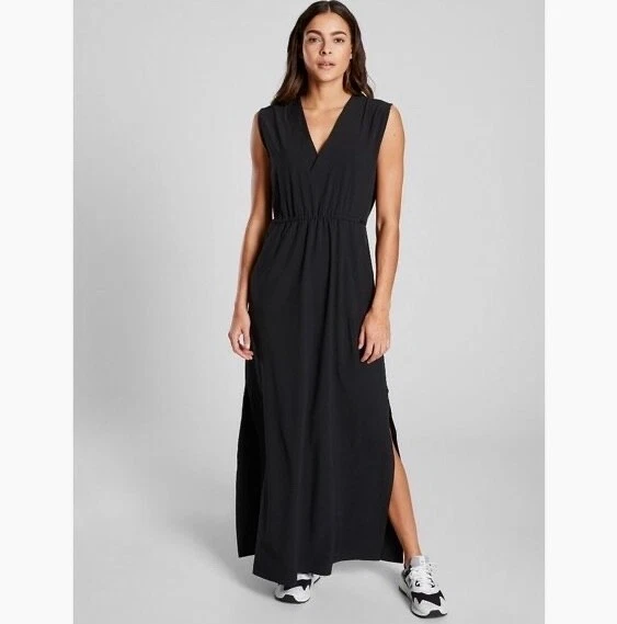ATHLETA MARA MAXI Dress LP Black Large Petite Tie Waist Athleisure 55.00 PicClick