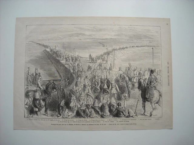 Gravure 1877. La Guerre. Passage Du Pont Jete Sur Le Danube, De Braïla A Ghecet.