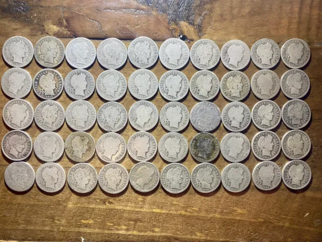 Barber Silver Dimes Roll of 50 FULL DATE Barber SILVER Dimes 1892-1916 #10
