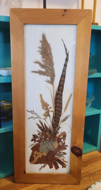 Pressed Dried Flowers & Feathers Large Framed Handmade Art, 11x27"