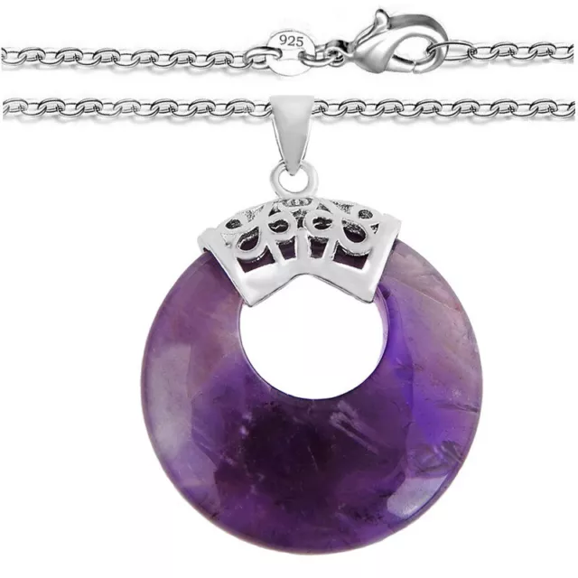 925 Sterling Silver Womens 18" Chain Necklace And Donut Amethyst Pendant D327
