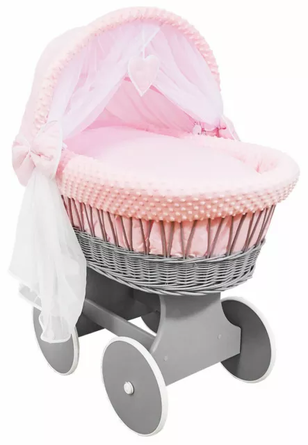Grey Wicker Wheels Crib/baby Moses Basket + Complete Bedding Pink/dimple