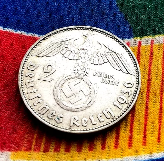 1936 J 2 Mark German Silver WWII Coin 3rd Reich Reichsmark Coin