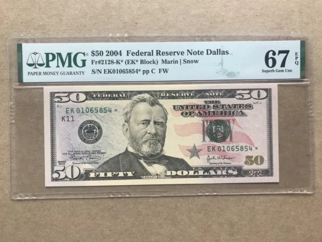 2004 $50 Federal Reserve Note Fr#2128-K* PMG67EPQ Star Note Superb Gem Unc