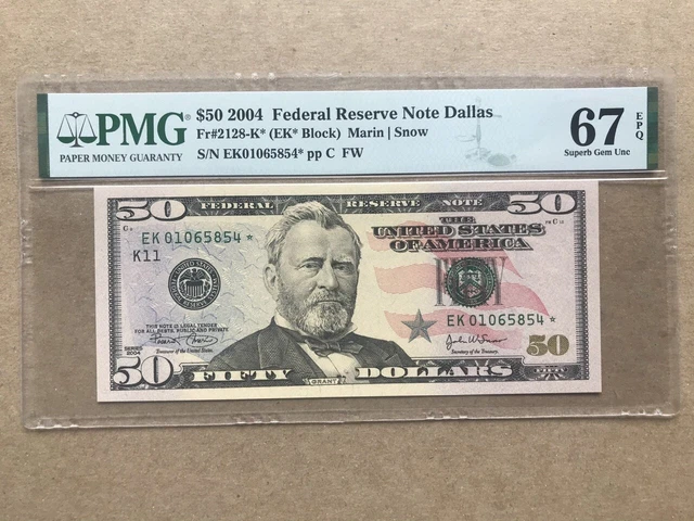 2004 $50 Federal Reserve Note Fr#2128-K* PMG67EPQ Star Note Superb Gem Unc