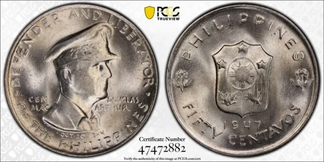 1947-S Philippines 50 Centavos PCGS MS66 Lot#G5144 Silver! Gem BU! MacArthur