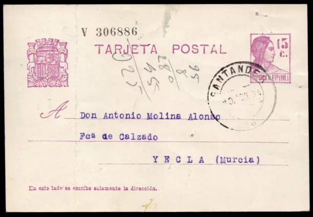 Cantabria - Edi o EP 69 - Entero postal Mat "Santander 10/8/34"