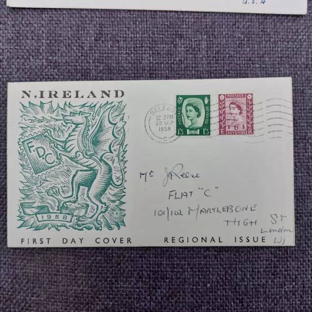 Northern Ireland 1958 set def.stamps (Michel 2/3) used on FDC Dragon