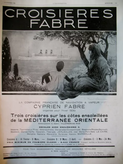 PUBLICITE DE PRESSE TOURISME CROISIERES FABRE Cie DE NAVIGATION FRENCH AD 1929