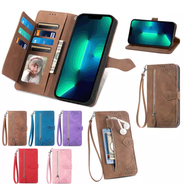 Leather Zip Wallet Card Flip Case Cover for iPhone 14 13 11 Pro Max 12 XR 7 8 15